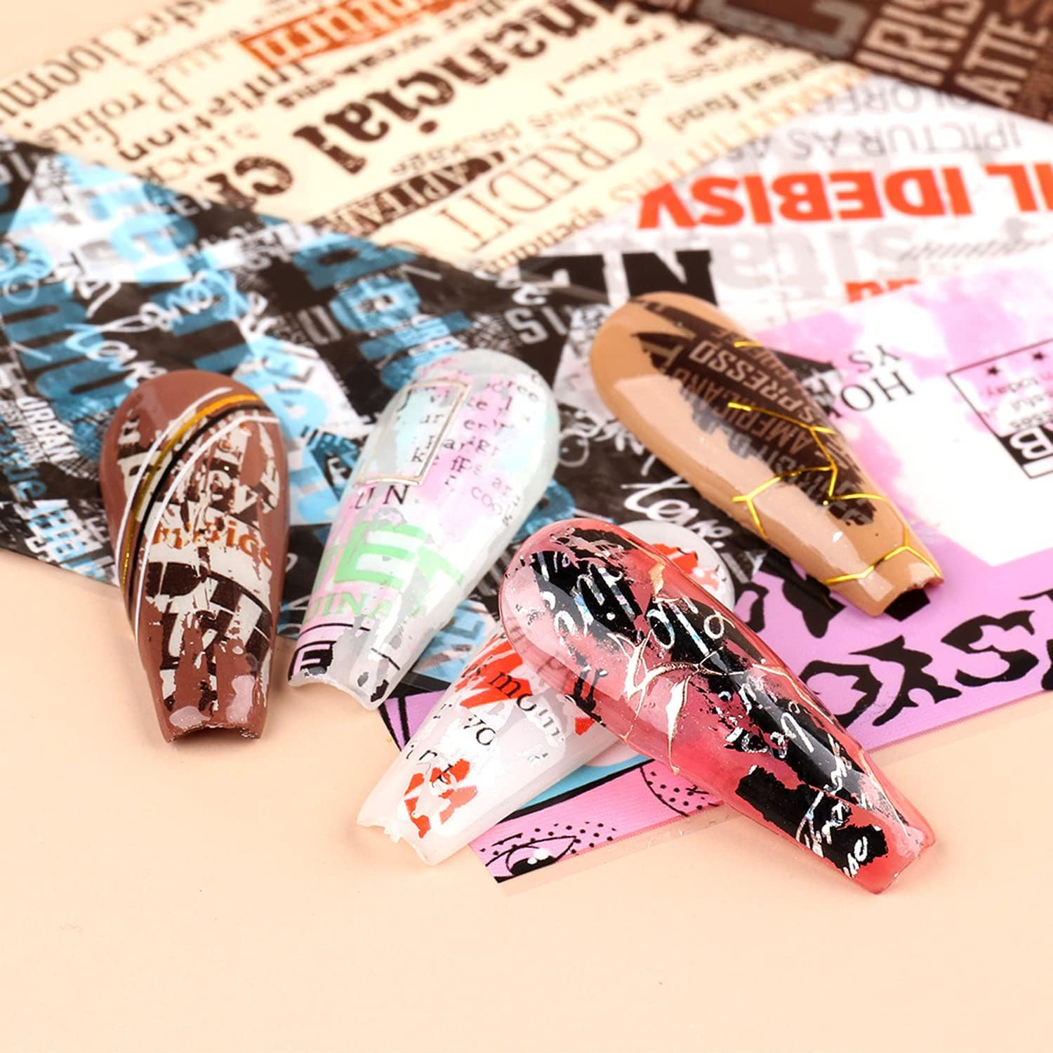 Newspaper Nail Foil Transfer Stickers English Letter Designs Nail Decals Supplie