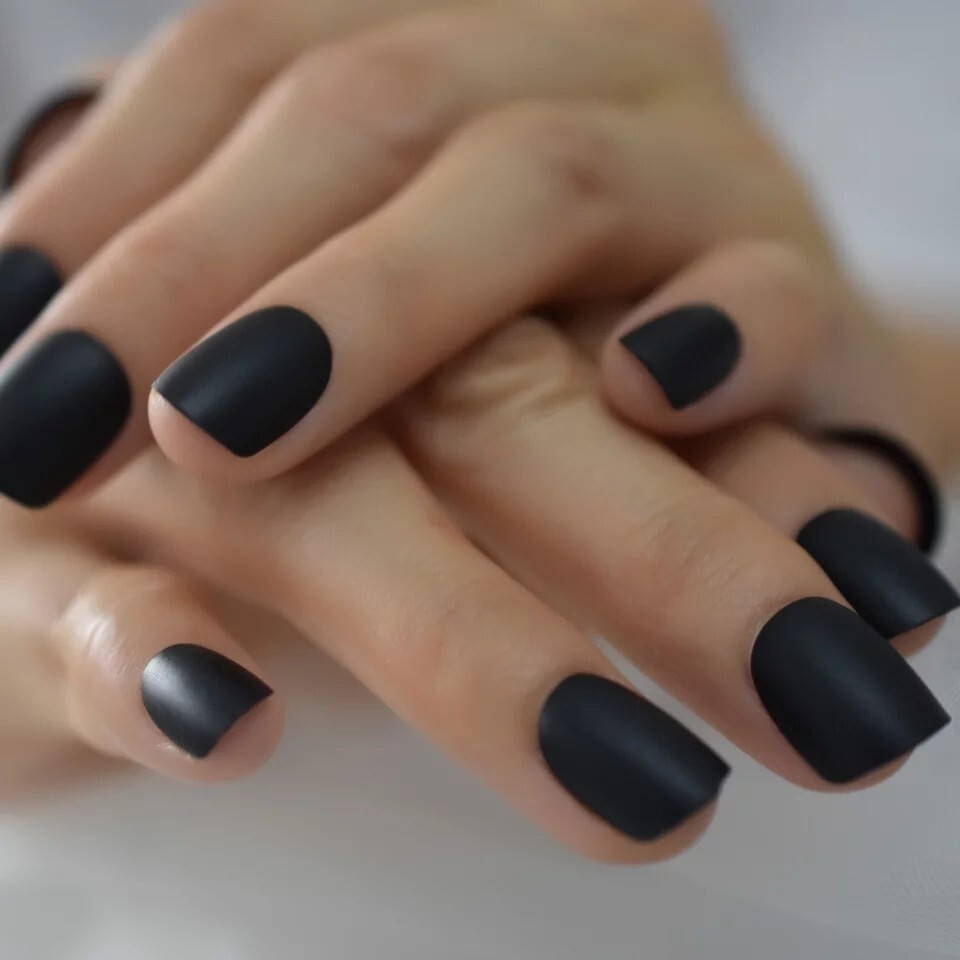 24 Short Black Matte Press on nails kit glue goth alt emo edgy punk