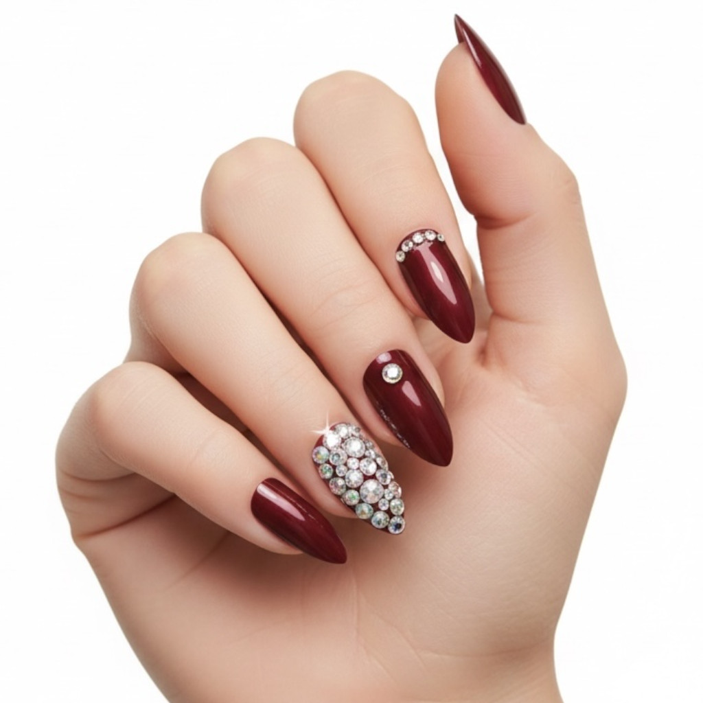 Burgundy Red 3D Crystals Almond Stiletto Long Rhinestones False Press On Nails