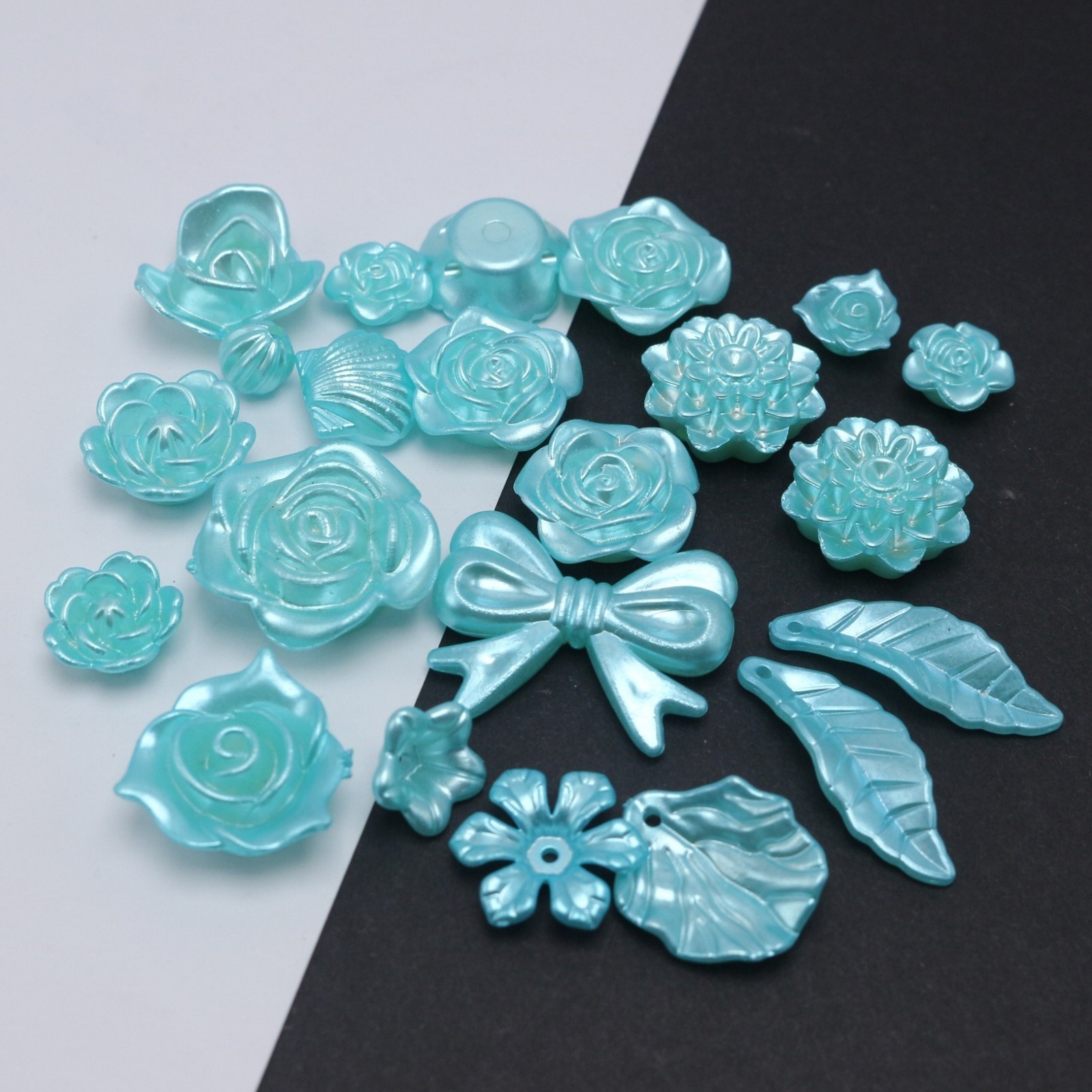 50pcs Mixed Baroque Pearl Beads Cabochons Flatback Flower Bows Leaves Cute Kawai