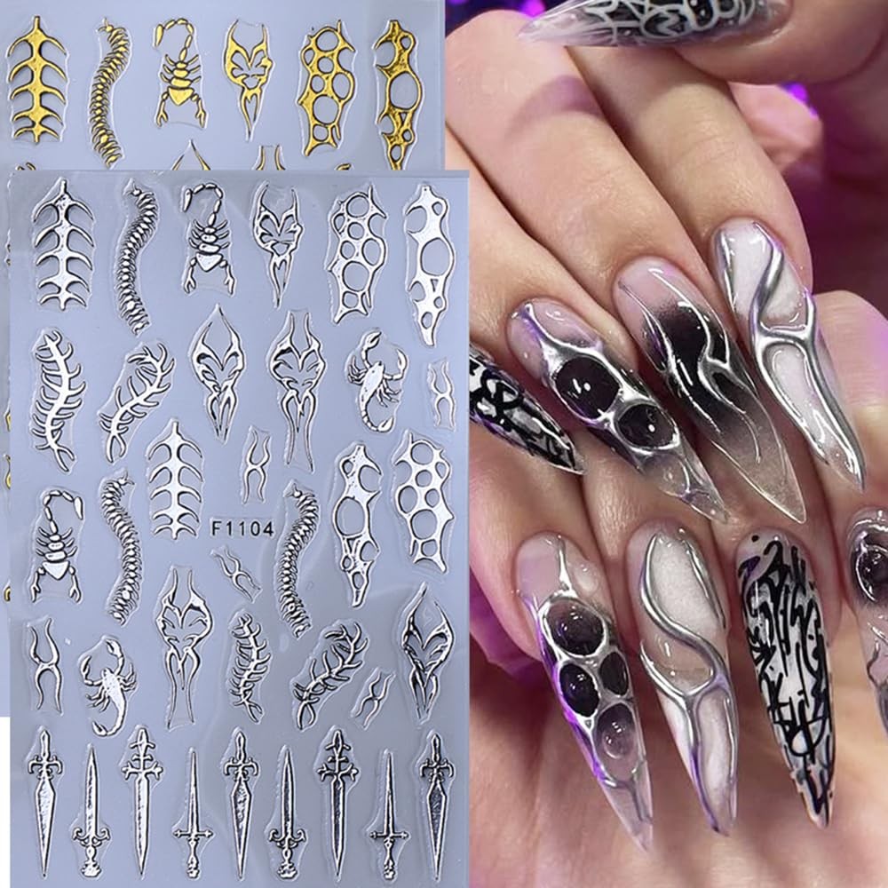 4 Sheets Goth Nail Stickers for Nail Art 3D Punk Style Black Belt Nail Art St…