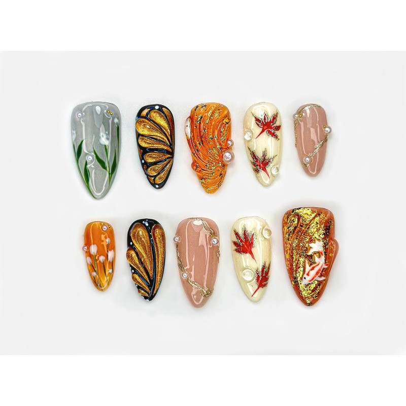 Custom Pure Handmade Nails Orange Koi Maple Leaf Gold Pearl Vintage Manicure