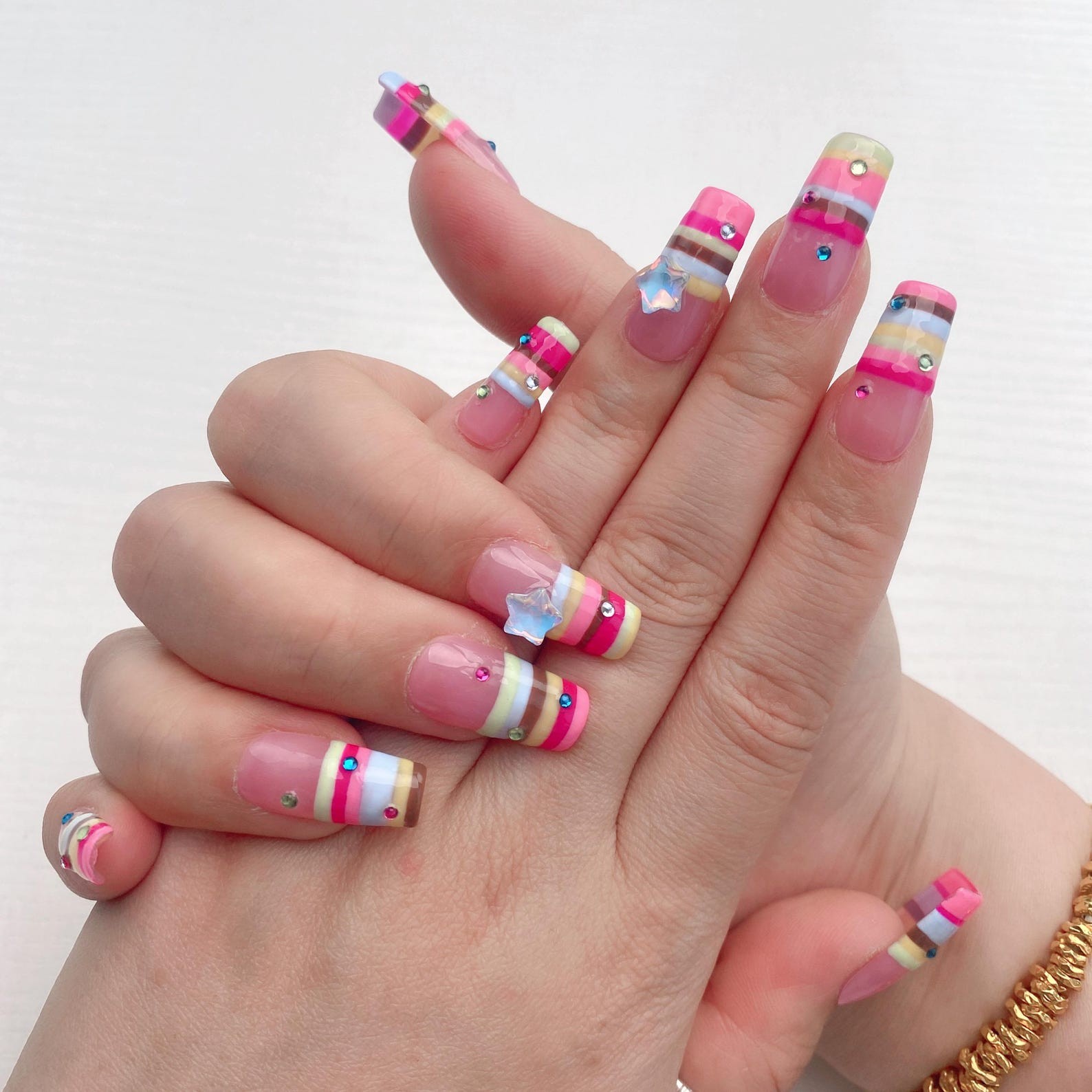 Handmade Rainbow Striped Star Rhinestone Long Square Press on Nails Set