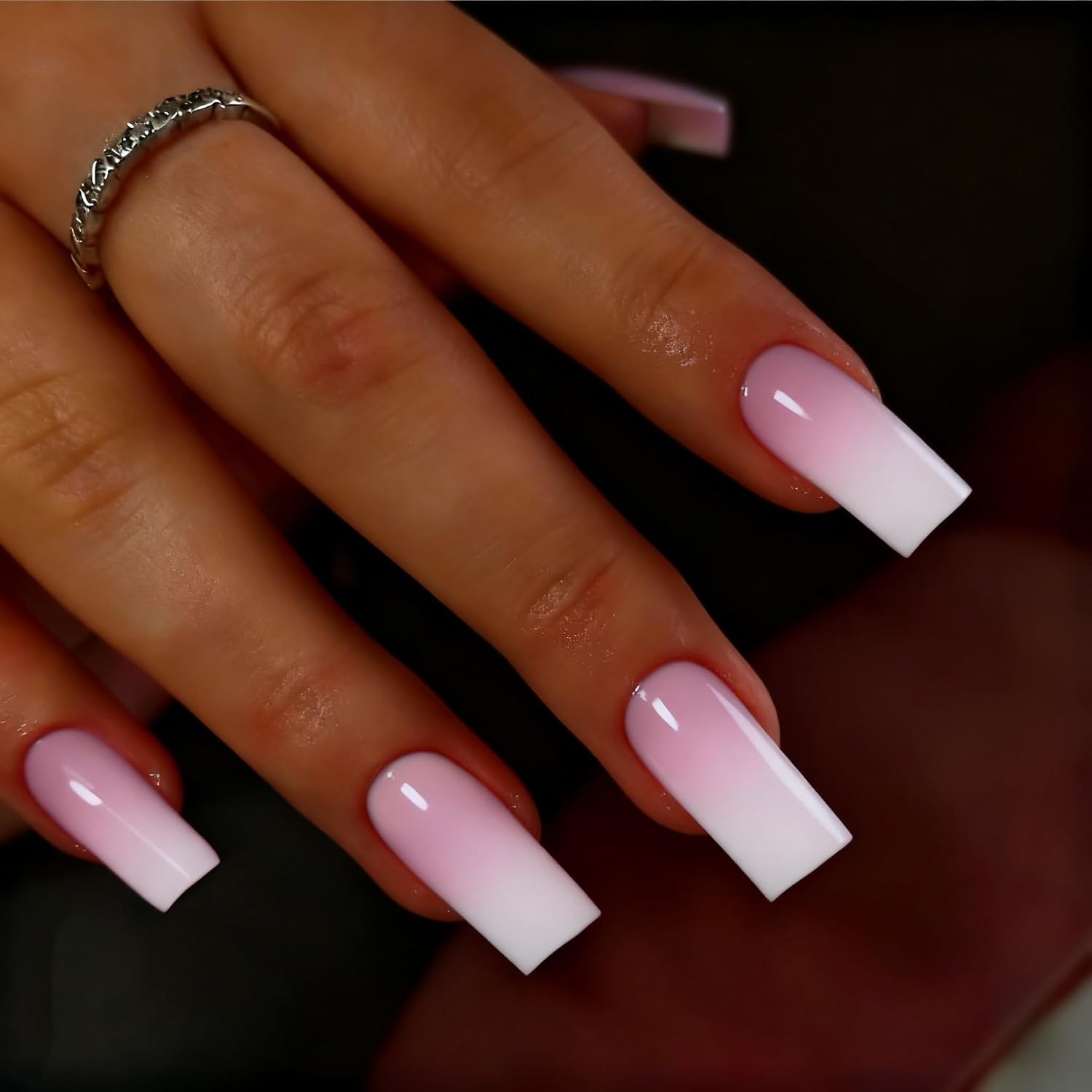 Square French Long Ombre Pink Press On Nails with Glue Set for Women