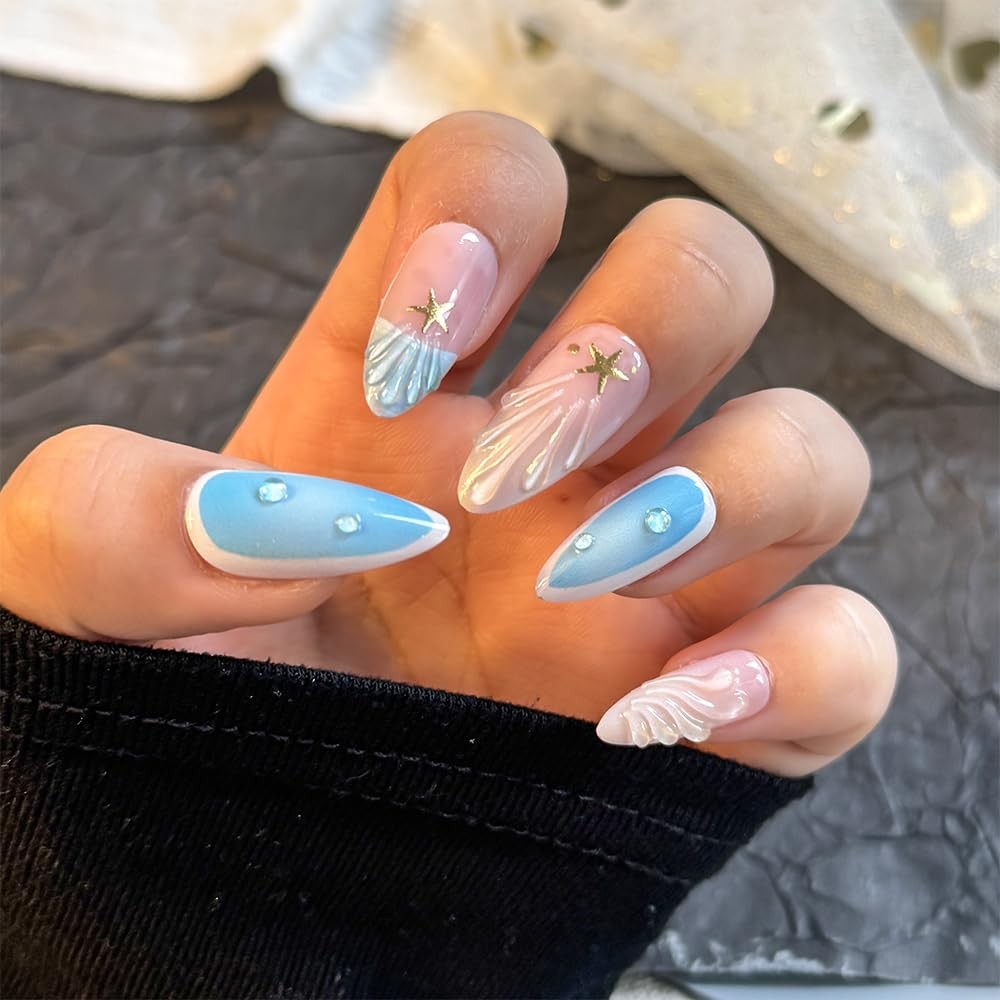 Mermaid Press on Nails for – Ocean French Tip with Gold Stars & 3D Waves, No …