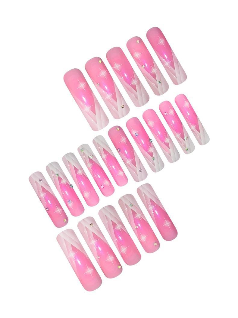 New Long European American Press on Nails Shiny Rhinestone Gradient Glitter Curv