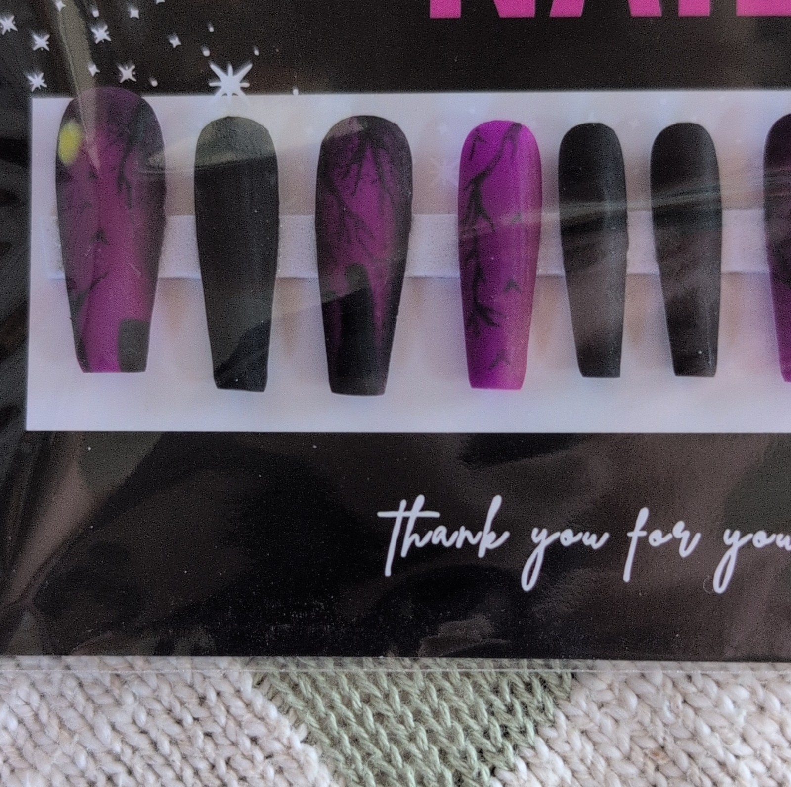 Handmade Press-On Nails Long Coffin Purple Black Sized Extra Small