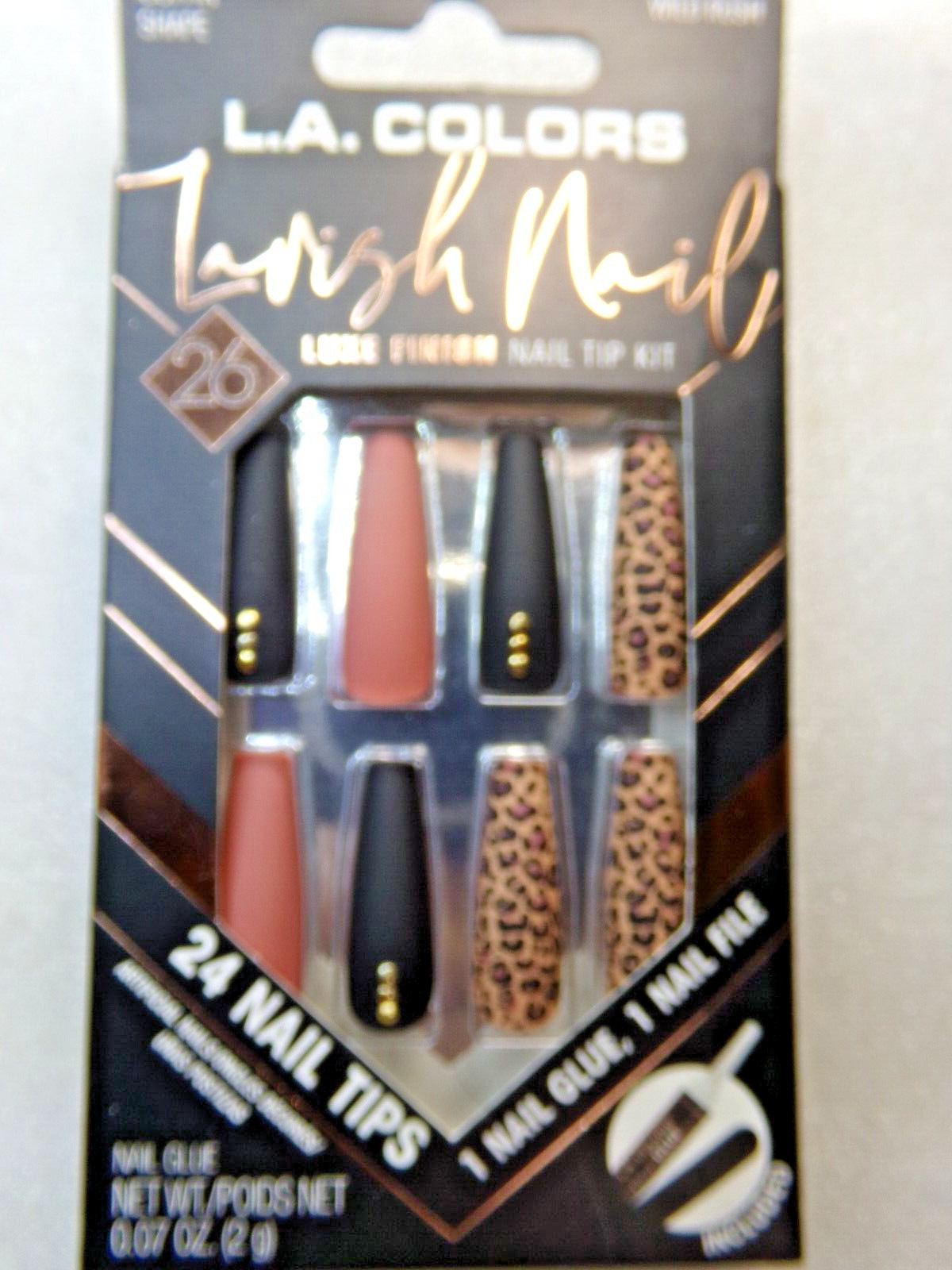 L.A. Colors NAILS GLUE ON Lavish Matte Black & Brown Leopard LONG LENGTH