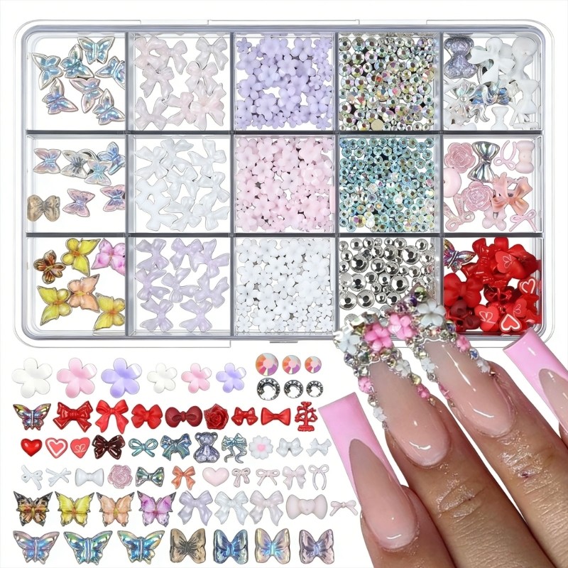 15 Grid Lightweight Resin Nail Art Embellishments In Trendy Bows Shapes