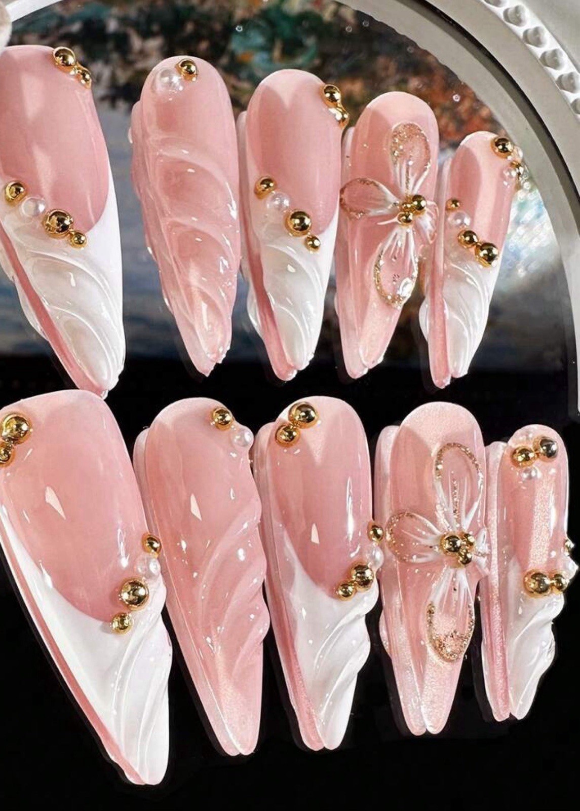 ENEN Medium Almond Pink White Gold 3D Flower Press-On Nails Self-Adhesive