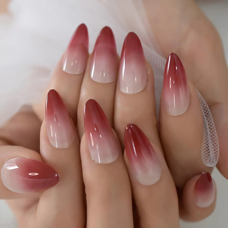 24 Press on nails kit w glue Red ombre almond nude french maroon