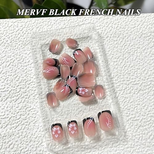 Short Square Press on Nails – Black French Tip Glue ons – Pink Aura 8302Black