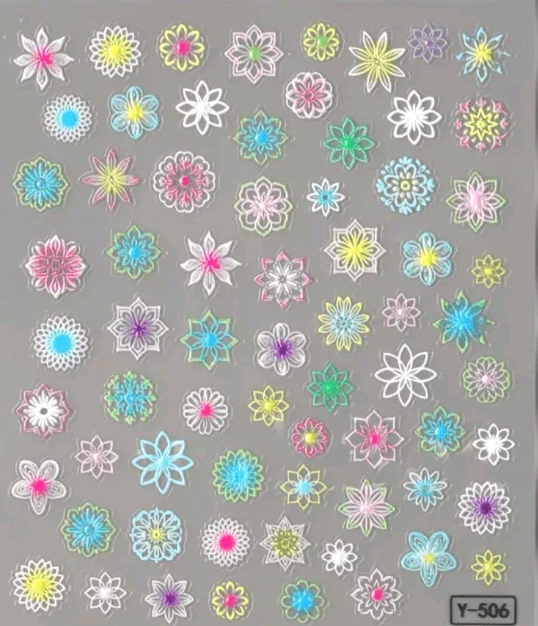 Geometric Floral Nail Art Stickers Spiral Flowers Artistic White Pink Teal White