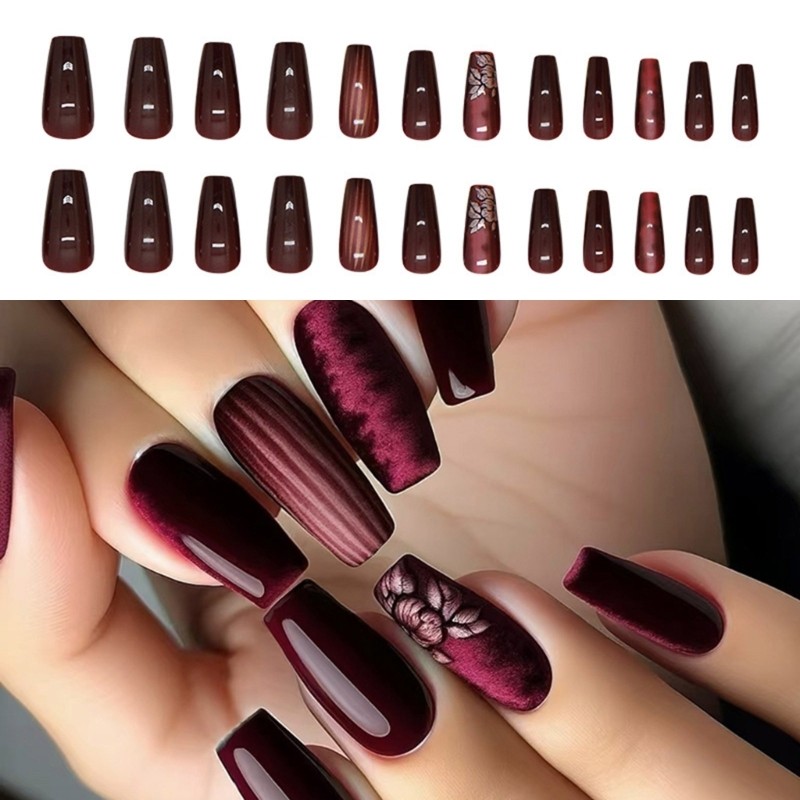 24pcs French Press on Nail with Floral and Stripes False Nail For Any Occasion
