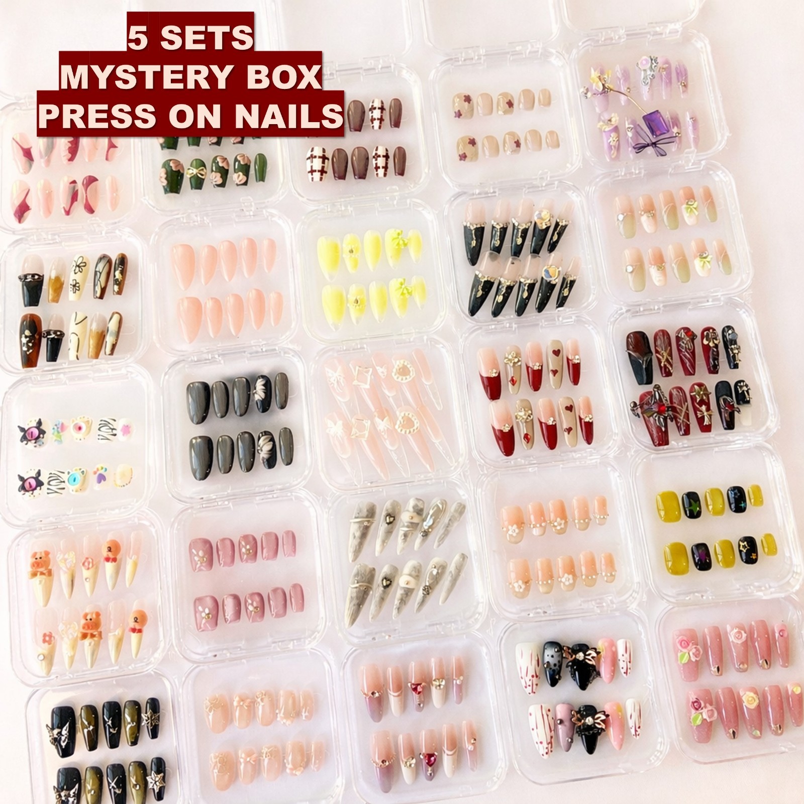 5 Sets Mystery Press-On Nails | Handmade Reusable Fake Nails |Random Styles Gift