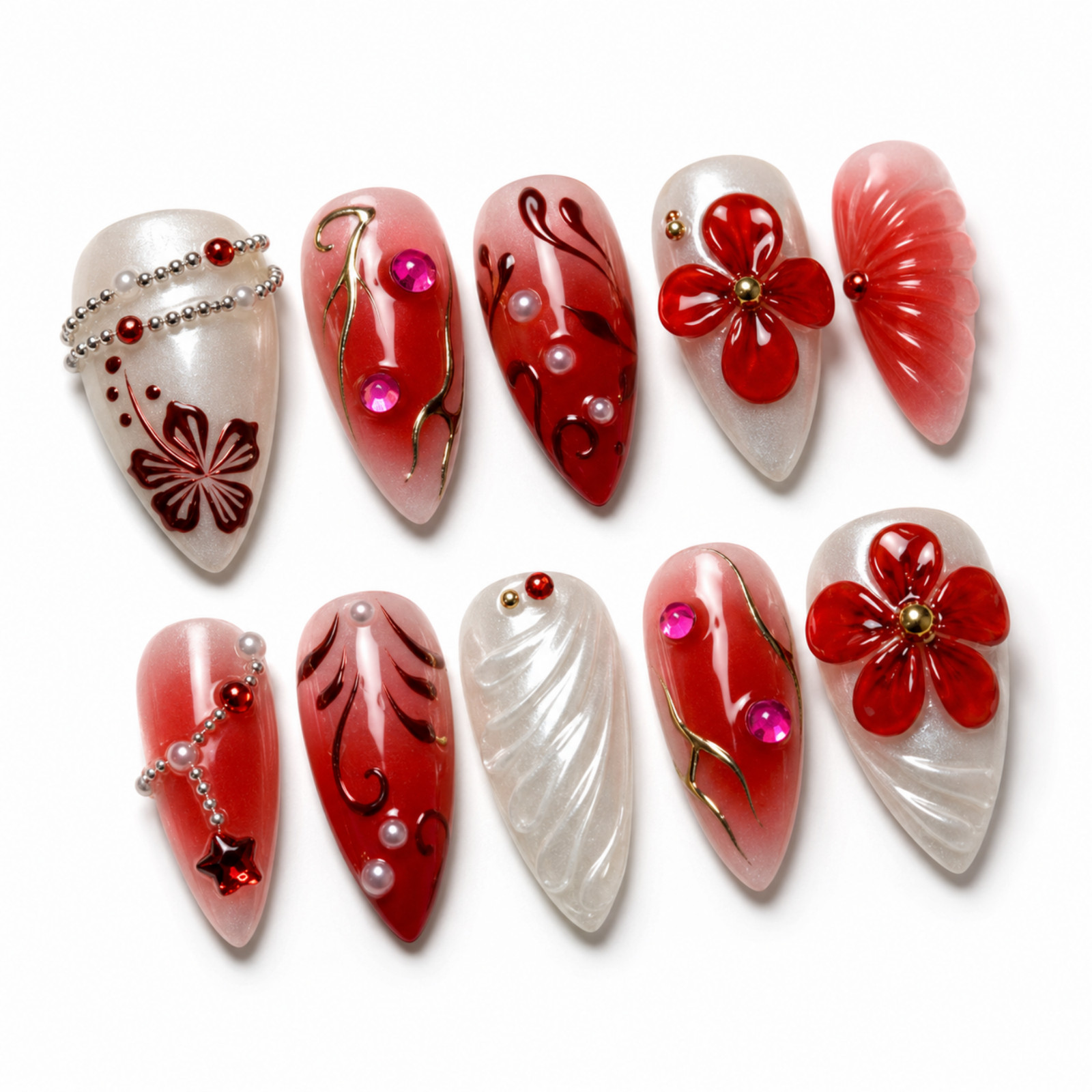 Handmade Red Floral Press On Nails 3D Flower Pearl Rhinestone Set