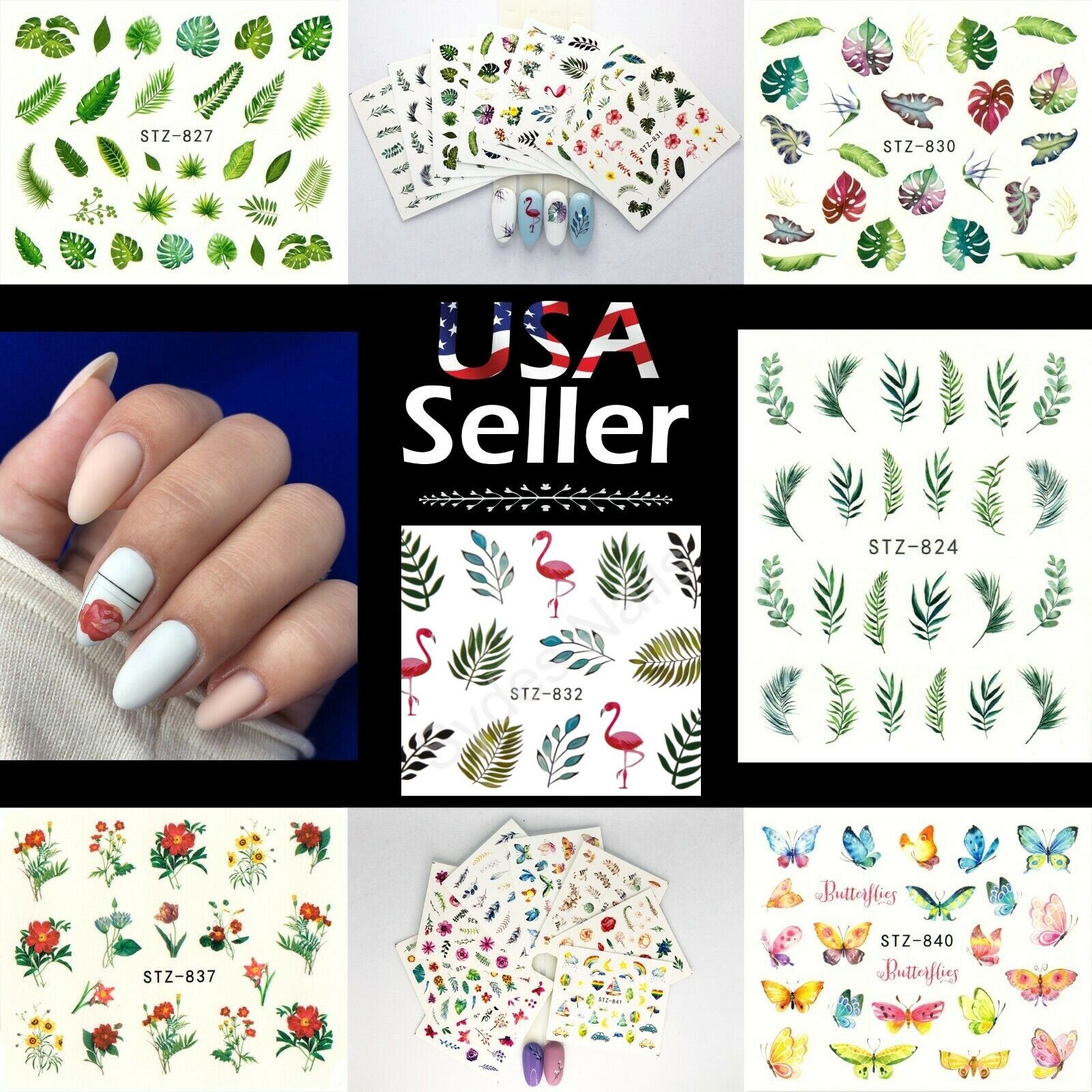28 Pages Nail Art Water Transfer Sticker Flower Leaves Butterfly Flamingo Bird