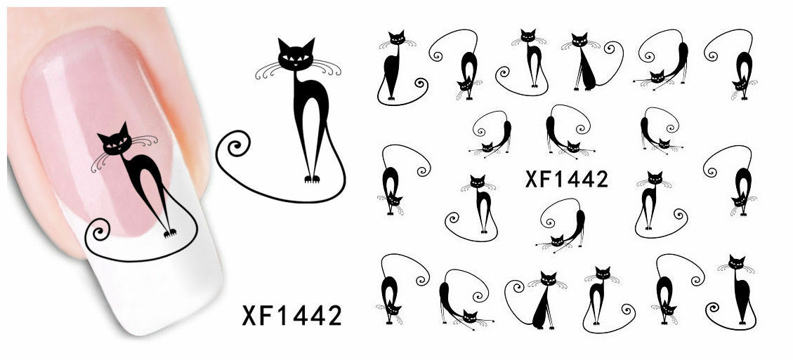 Nail Art Water Transfer Sticker Decal Stickers Pretty Flowers Cat Black XF1442