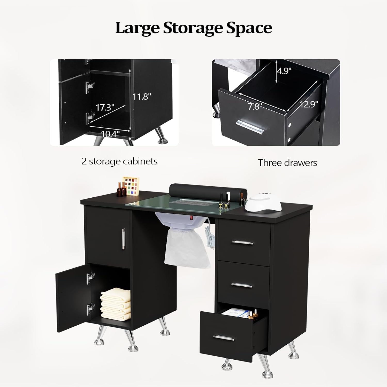 Black Manicure Table Nail Desk for Nail Tech with Glass Top & Side Cabinet NEW