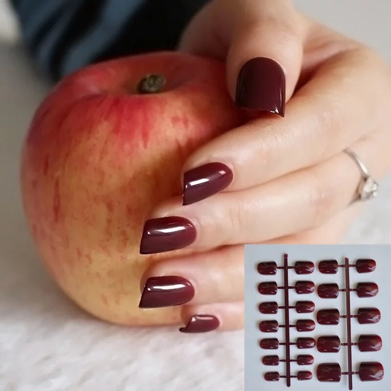 New 24 Short Maroon Dark red wine Press On Nails Kit w glue burgundy
