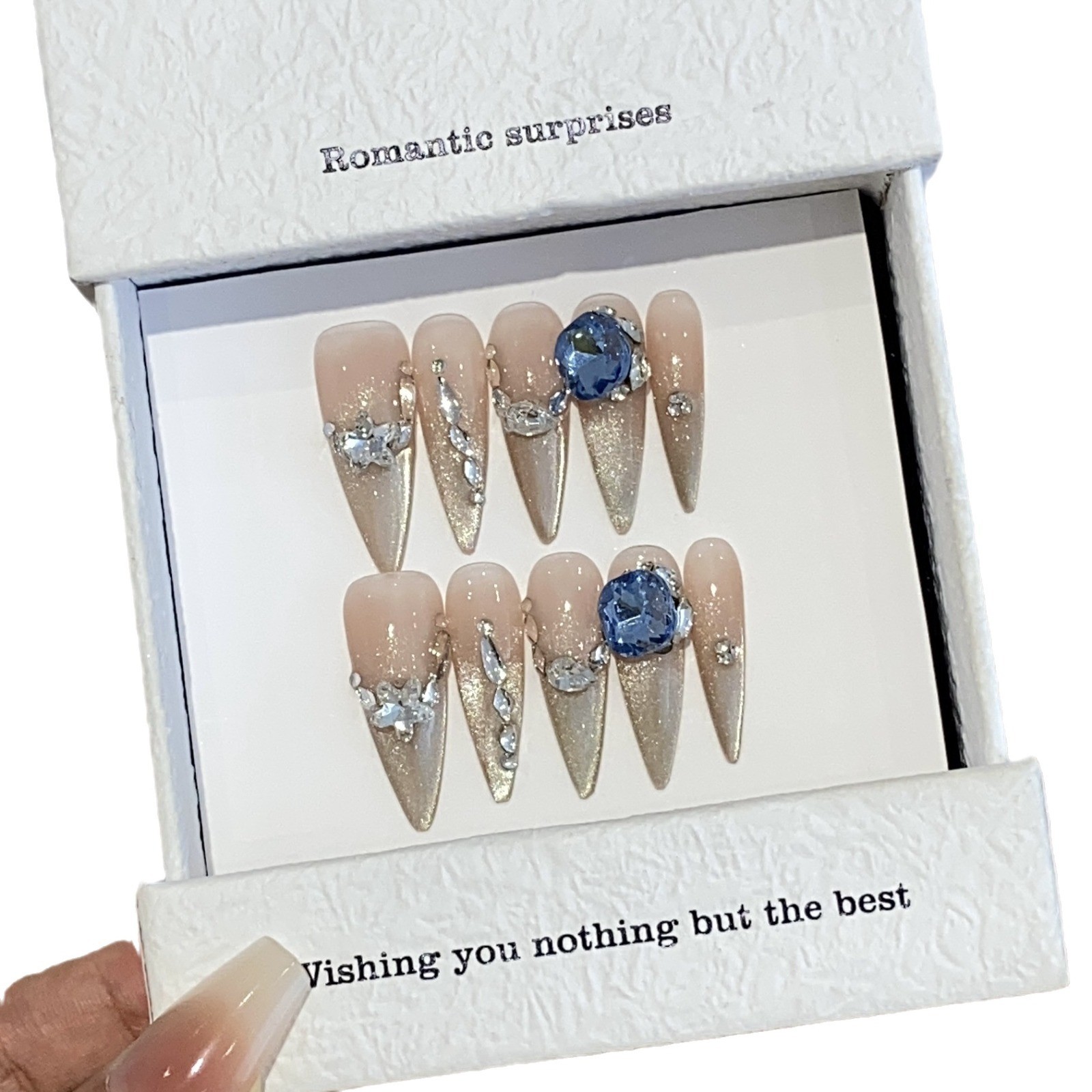 10Pcs Handmade Gradient Cat Eye Nails Swan Sapphire Elegant Dating Style