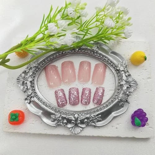 Press on Nails Medium Square Fake Nails with Gradient Glitter Sequins Designs