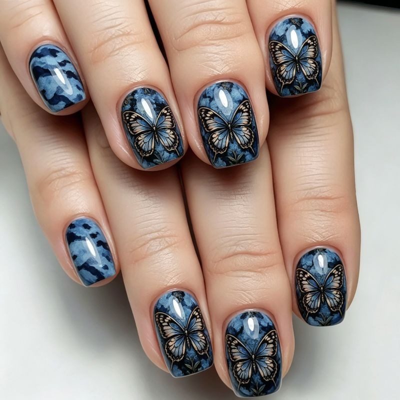 96Pcs Medium Rectangle Nails, Retro Blue Tone, Flower & Butterfly Pattern