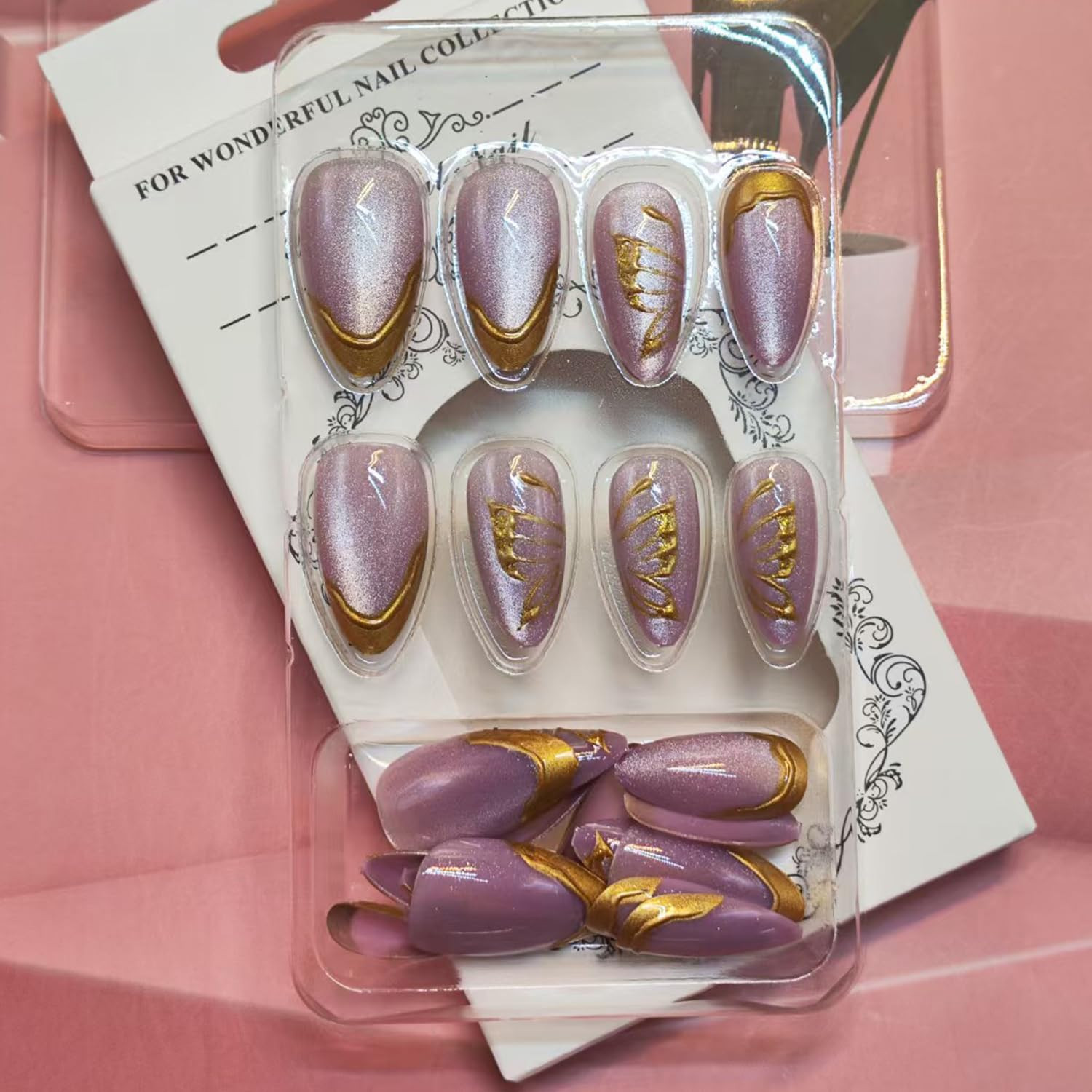 Butterfly Press on Nails Purple Almond Medium Fake Nails with Gold Accents and W