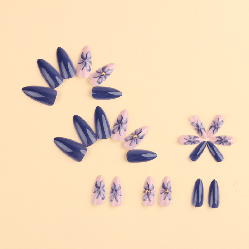 48Pcs-Long Almond Navy Blue Solid Watercolor Blue Flower Gold Press on Nails Set