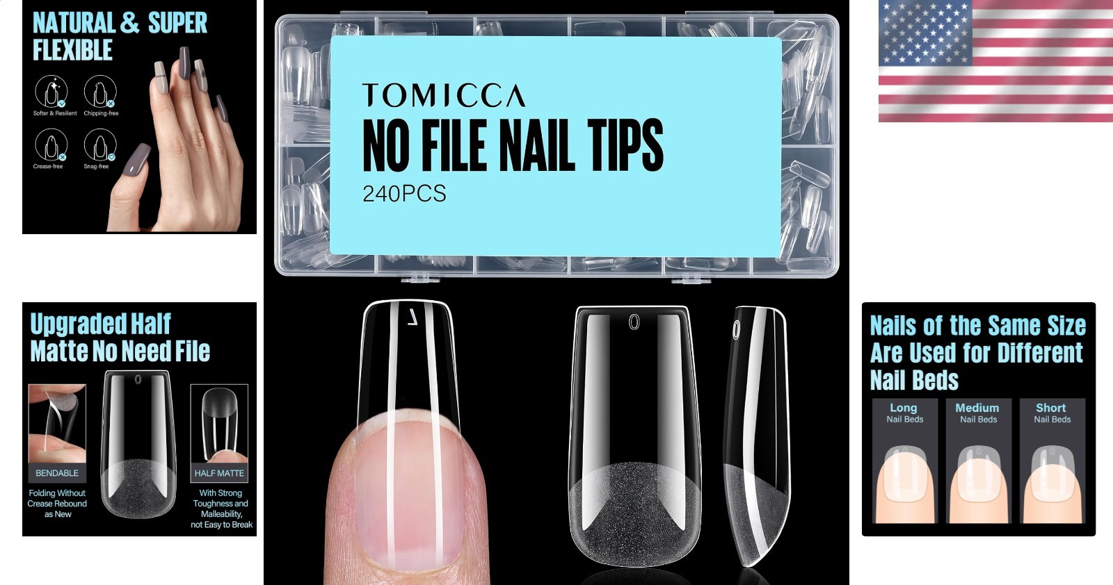 Acrylic Nail Tips 240 Medium Square Half Matte Clear Soft Pre-Shaped DIY Salon