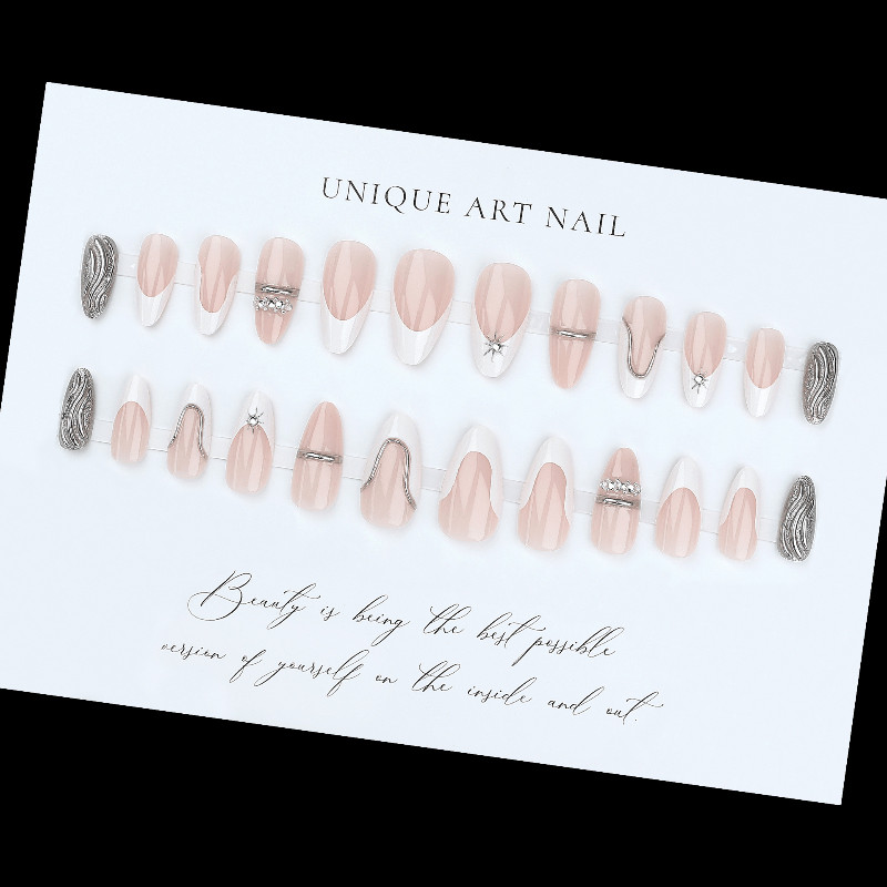 48Pcs Almond Press on Nails, Nude French Nails with Silver Curve and Rhinestones