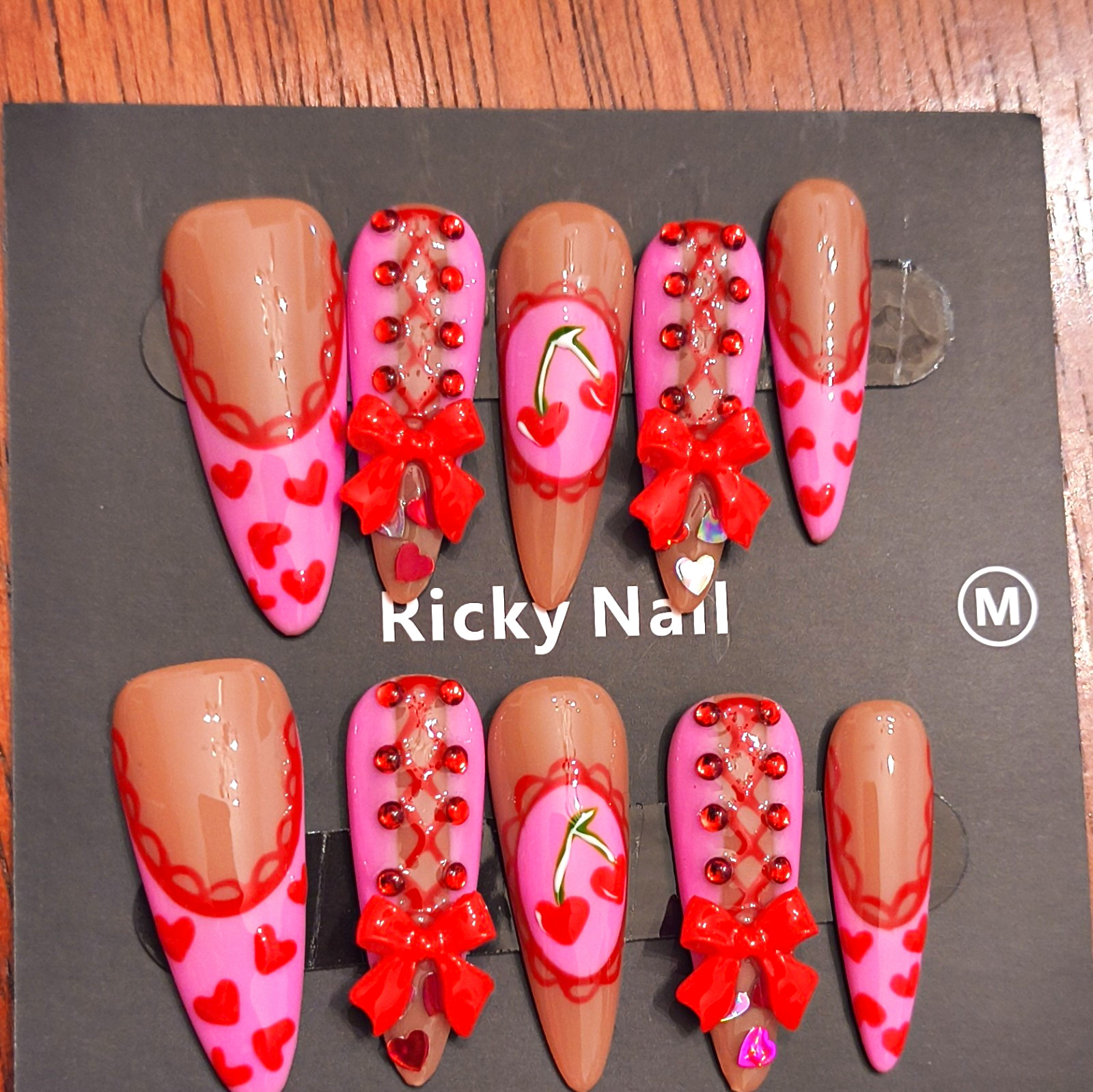 Ricky Nail 3D Long Almond Full Cover Artificial Nails Pink Nude Red Medium