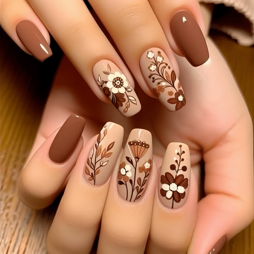 48pcs Fall Press-on Nails Autumn Leaves Pumpkin Warm Brown Glitter Fall Nails