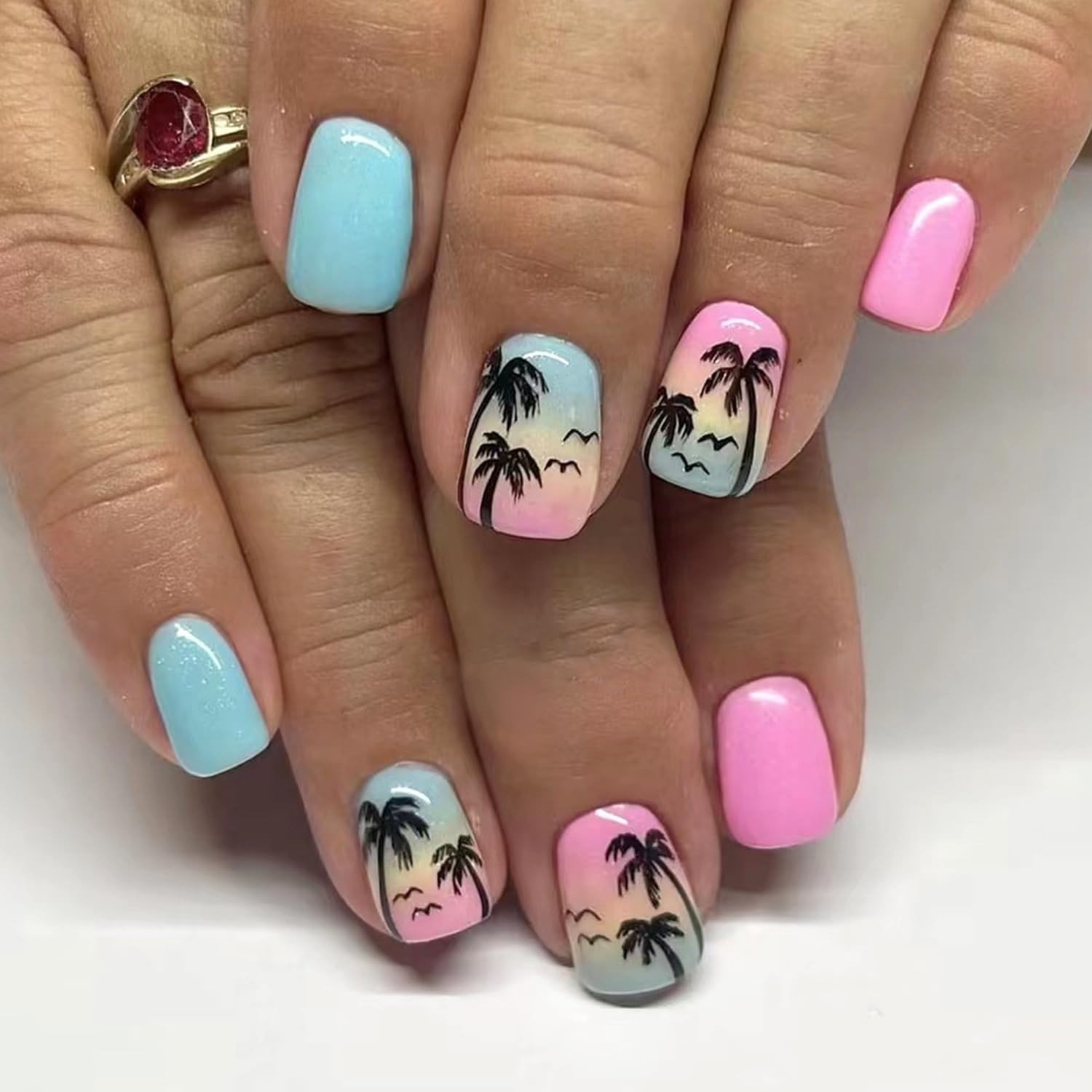 24Pcs Summer Press on Nails Short Palm Tree Square, Multicolor