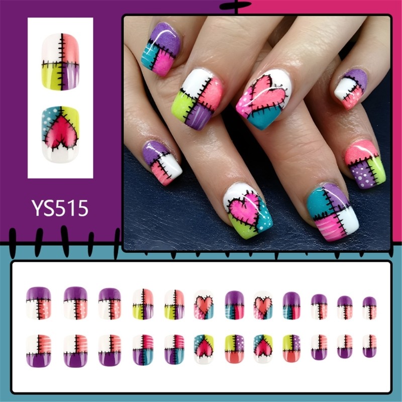 Stylish False Nail Lattice and Stripe Pattern Short Press On Nail for Women