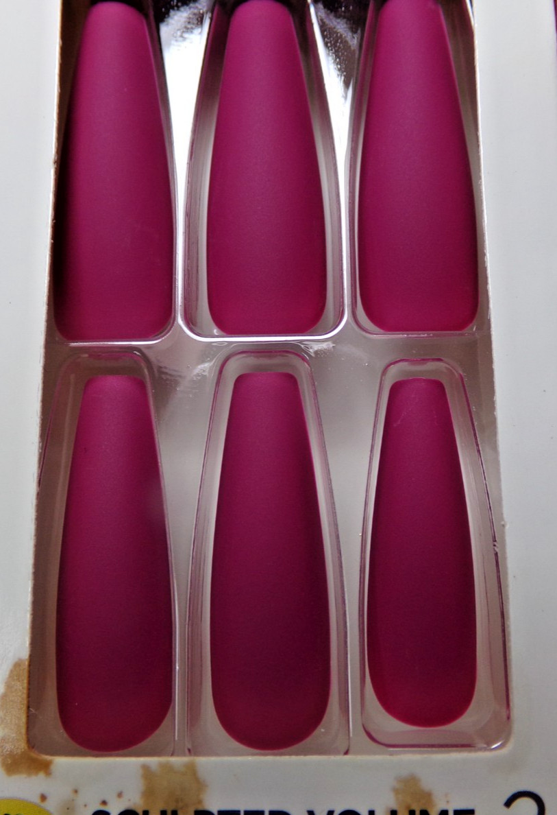 KISS NAILS GLUE ON Matte Dark Berry Pink EXTRA LONG LENGTH, Sculpted COFFIN