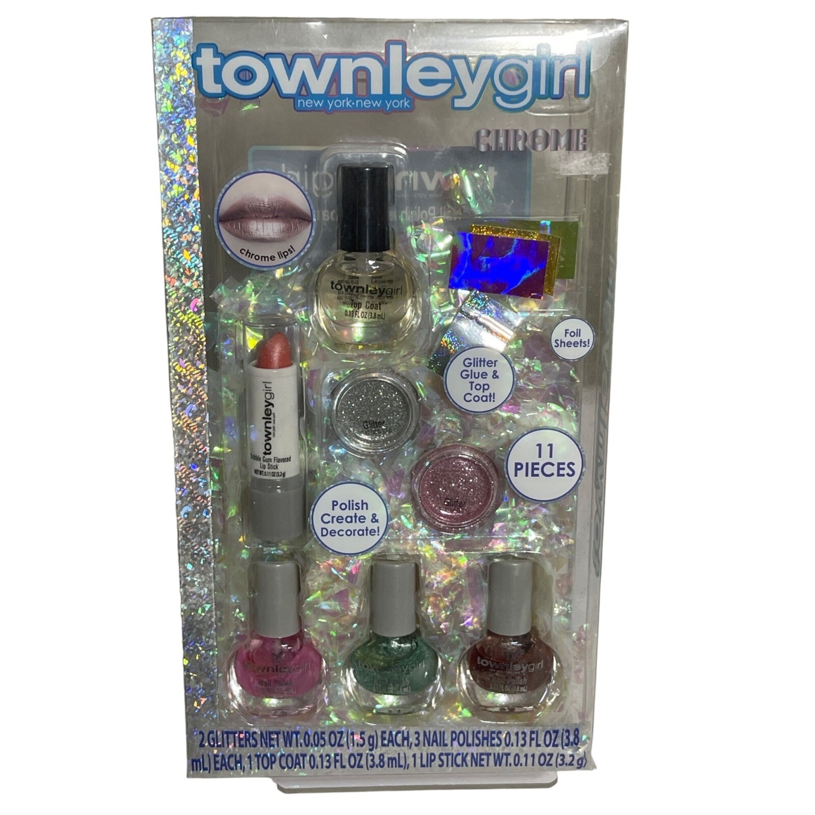 New Townley Girl Chrome Nail Polish Kit New York Glitter Foil Sheets 11 Pieces