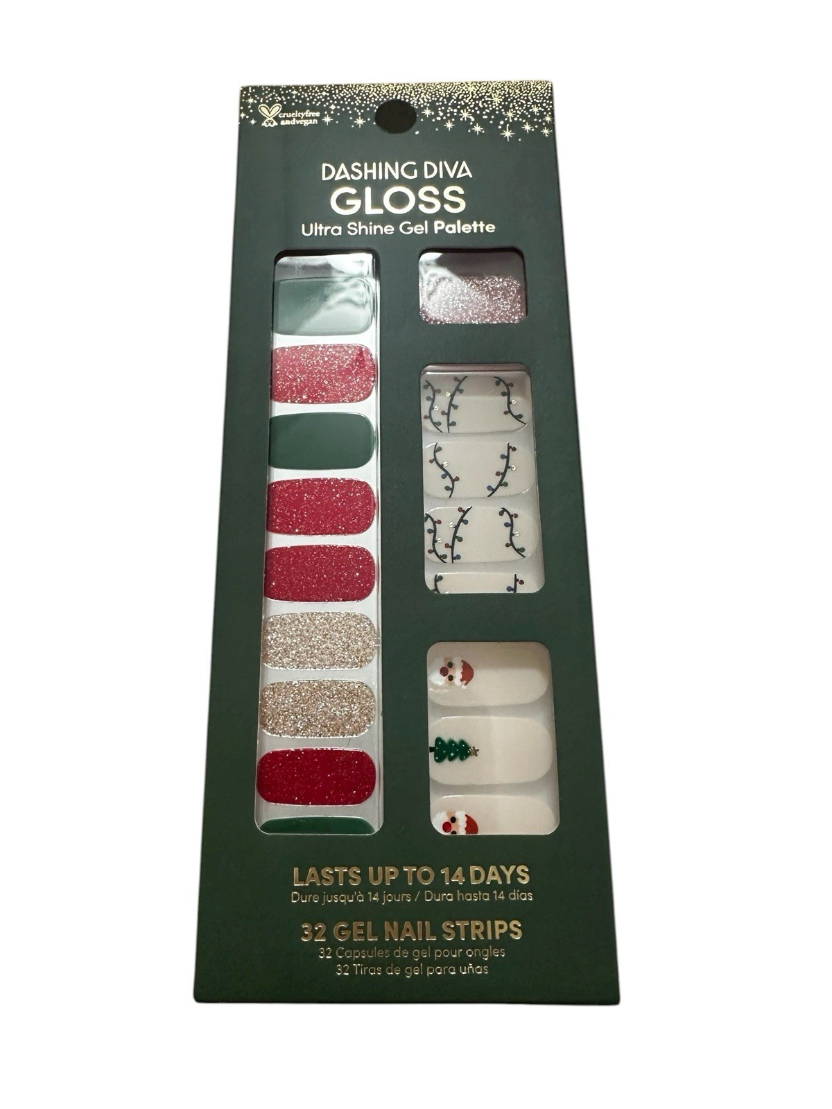 2 Sets Dashing Diva Gloss Ultra Shine Gel Nail Strips Christmas Red Green Snow