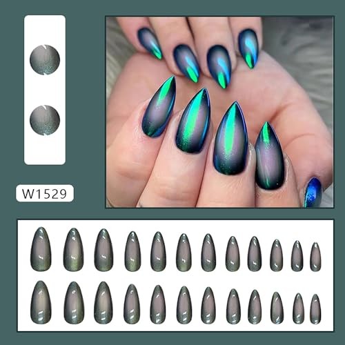 Medium Almond Shaped Cat Eye Nail Press on Nails – Dark Green – Green Cat Eye
