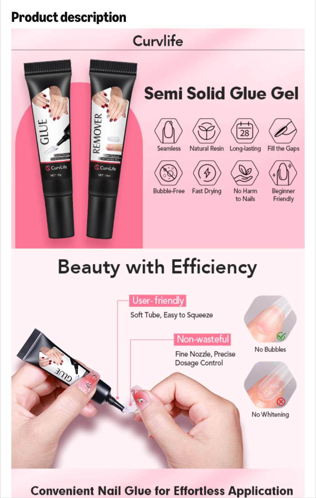 Curvlife Newly Upgraded Quick Drying 10G Semi Solid Nail Glue with 15ml Remover