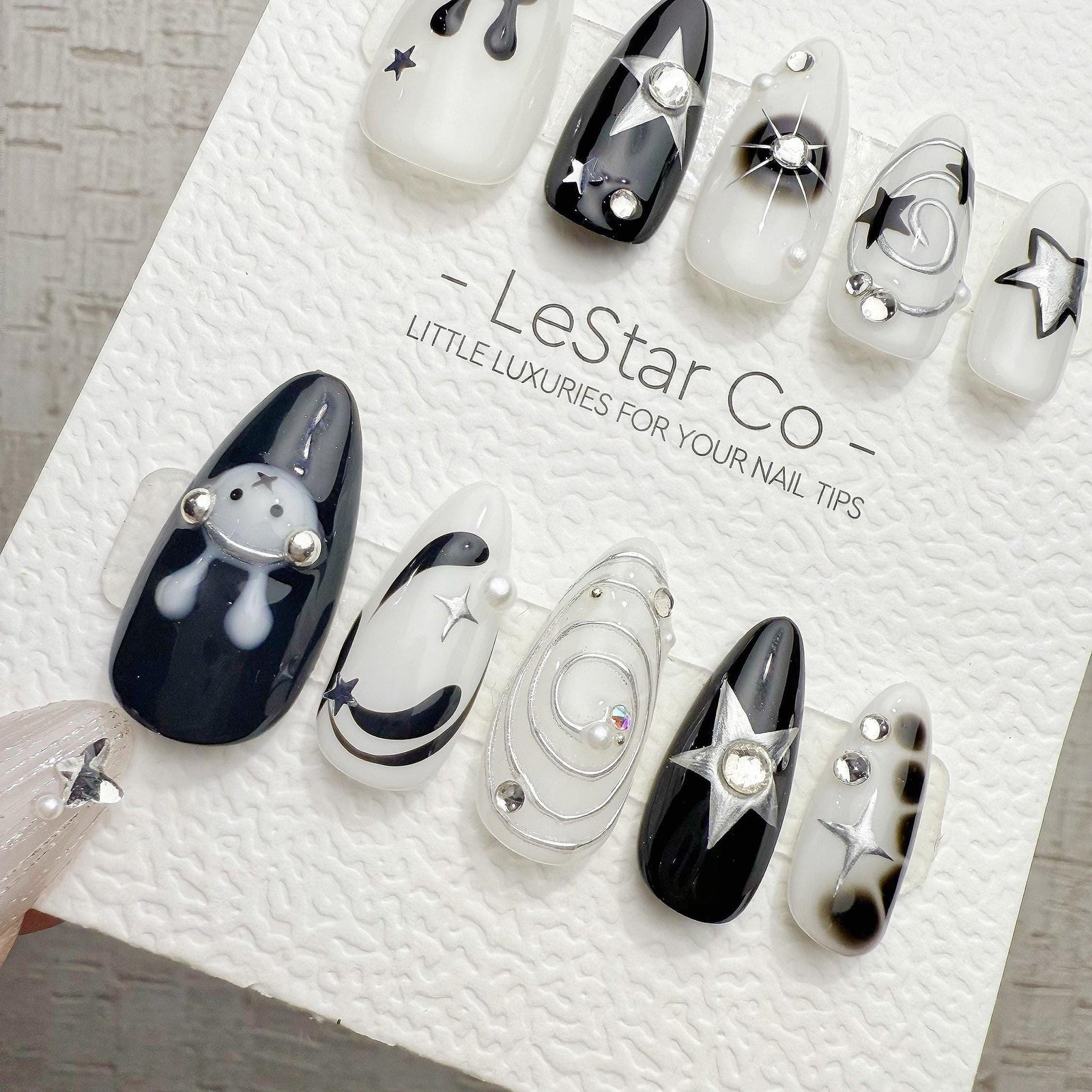 Custom Handmade Ghost Star Rhinestone Swirl Long Almond Press on Nails