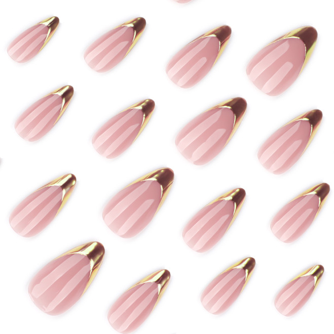 24pcs Simplistic French Golden-Edge Mirror Powder Press-On Nails, Short Almond
