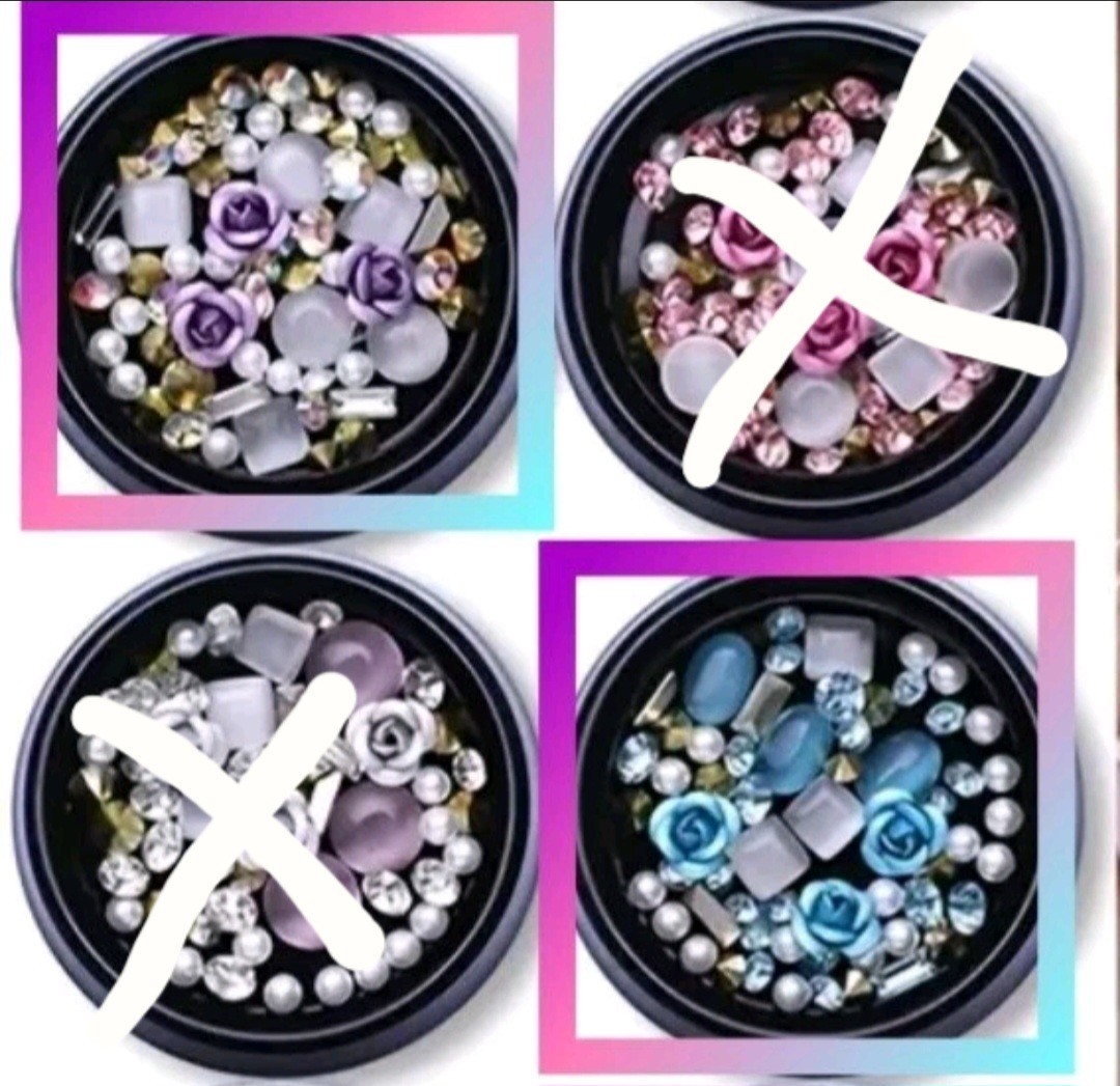 2 Lots 3D Nail Art Charms Flowers Crystal Rhinestones Pearls Purple Teal Blue