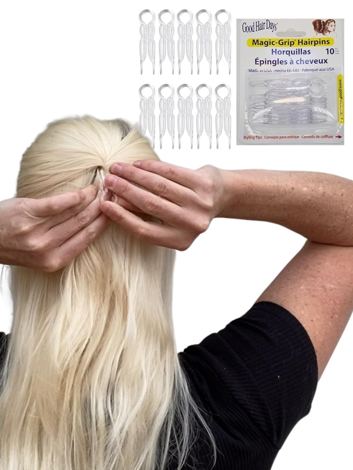 Good Hair Days Magic-Grip Hairpins – 2 1/2″ U-Shaped Grip Set of 10, Crystal