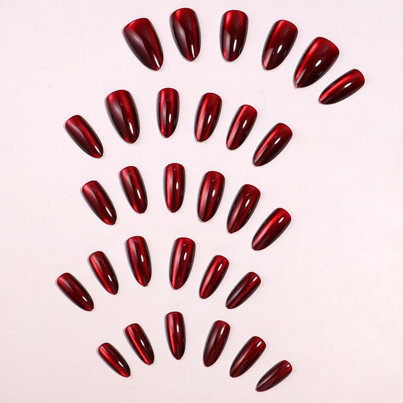 30Pcs Wine Red Press on Nails Short Almond Fake Nails Cat Eye Medium Style 35