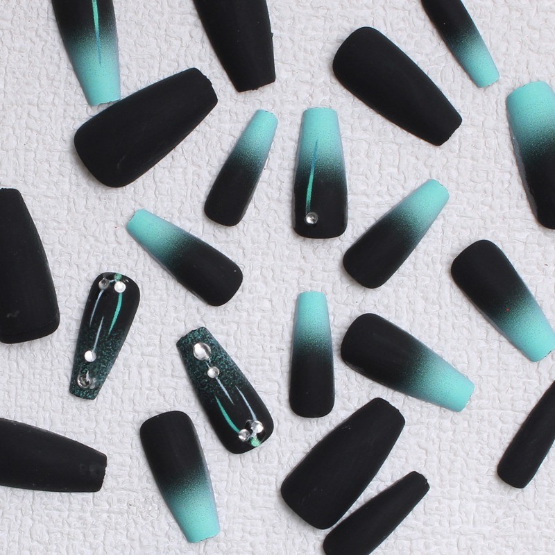 48pcs-Black & Mint Green Press on Nails, Coffin Ombre with Rhinestone Details