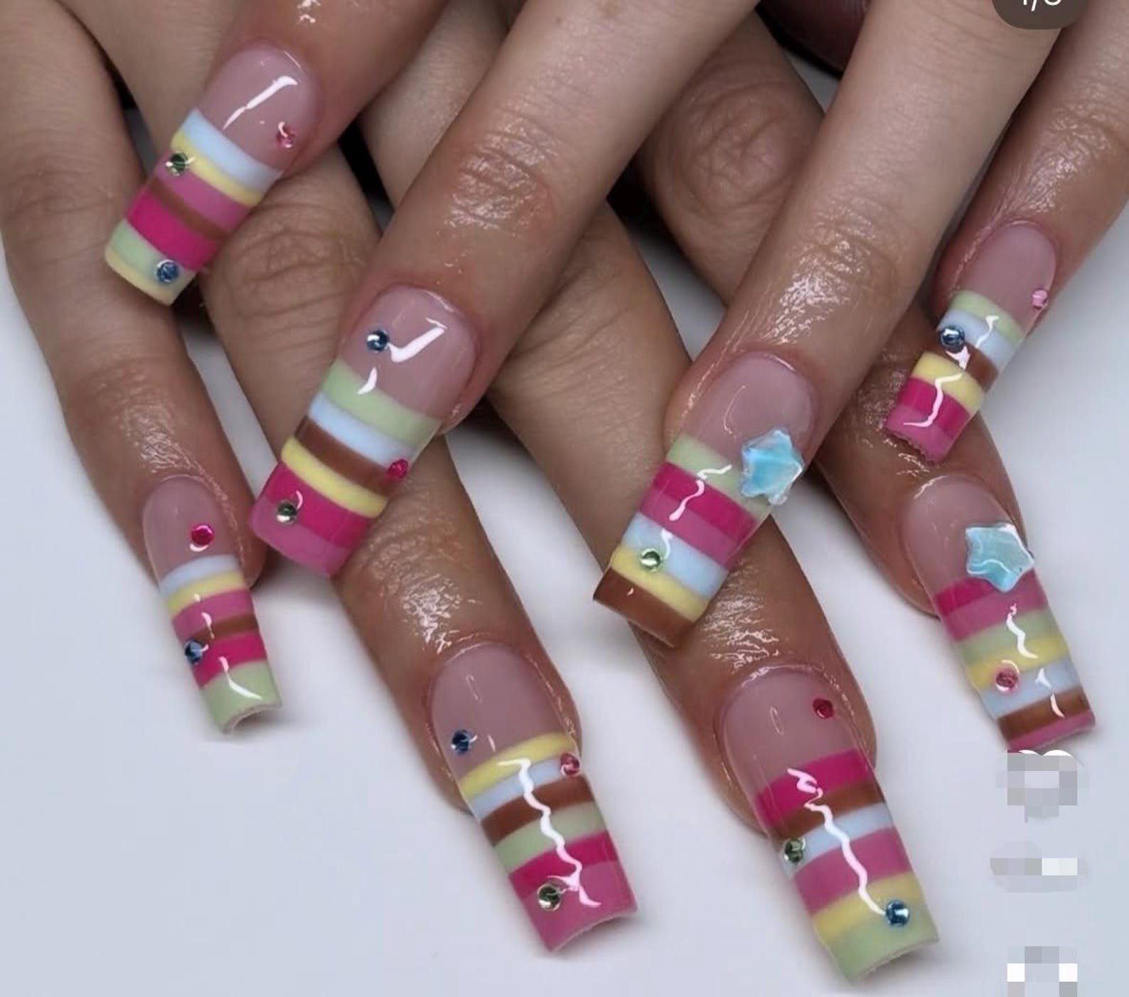 Handmade Rainbow Striped Star Rhinestone Long Square Press on Nails Set