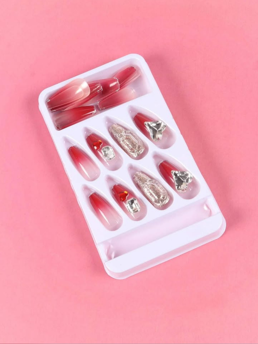 Red Heart Rhinestones Gems Long Press On Nails NEW Valentine’s Day Winter Style