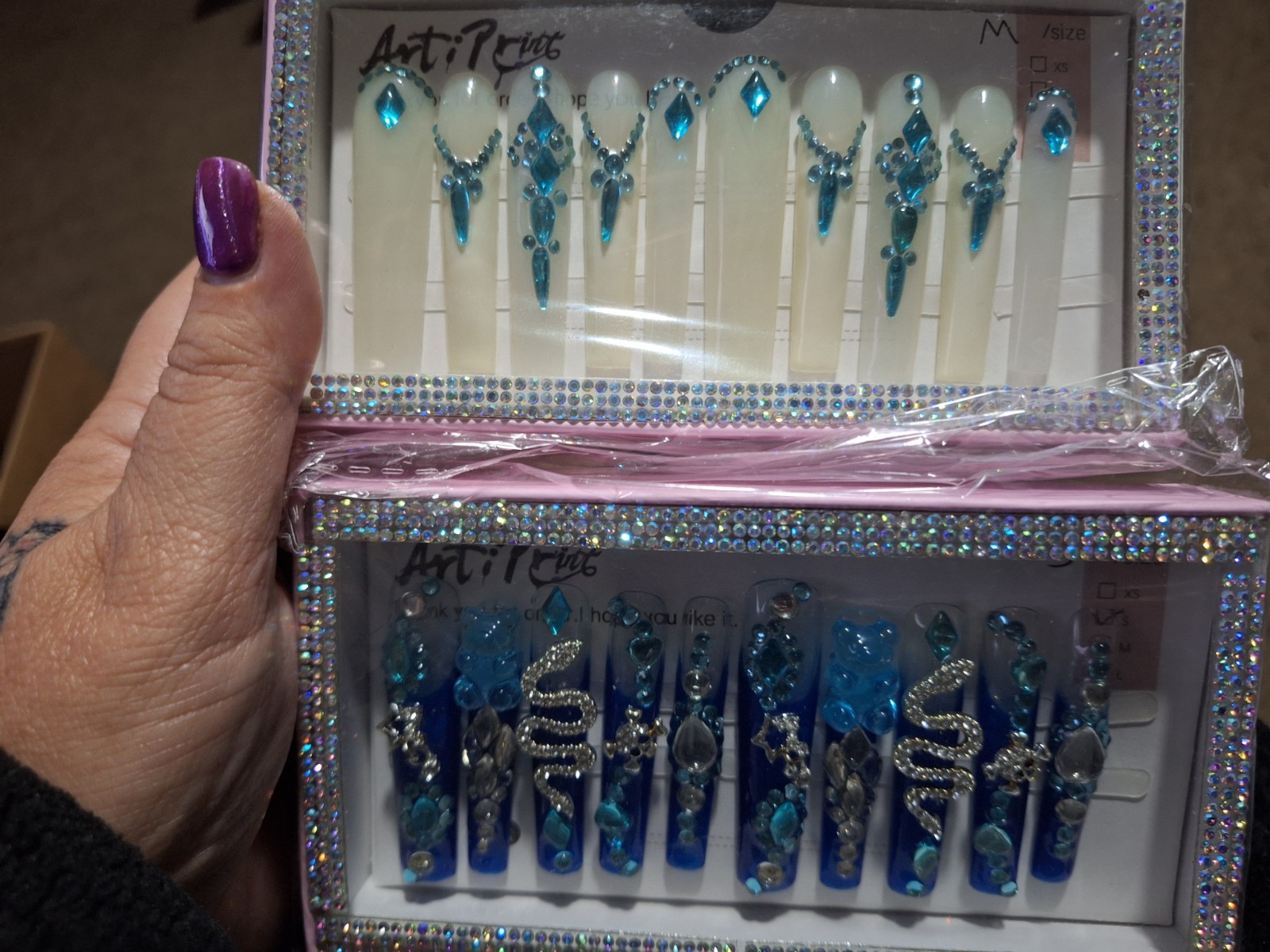 ArtiPrint Long Coffin Press-On Artificial Nails White/Blue 3D Snake Full Cover