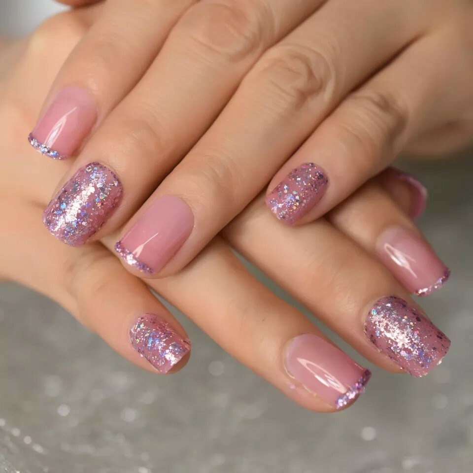Clear Purple Pink Glitter design Press on Nails w/ glue short rose gold sparkle
